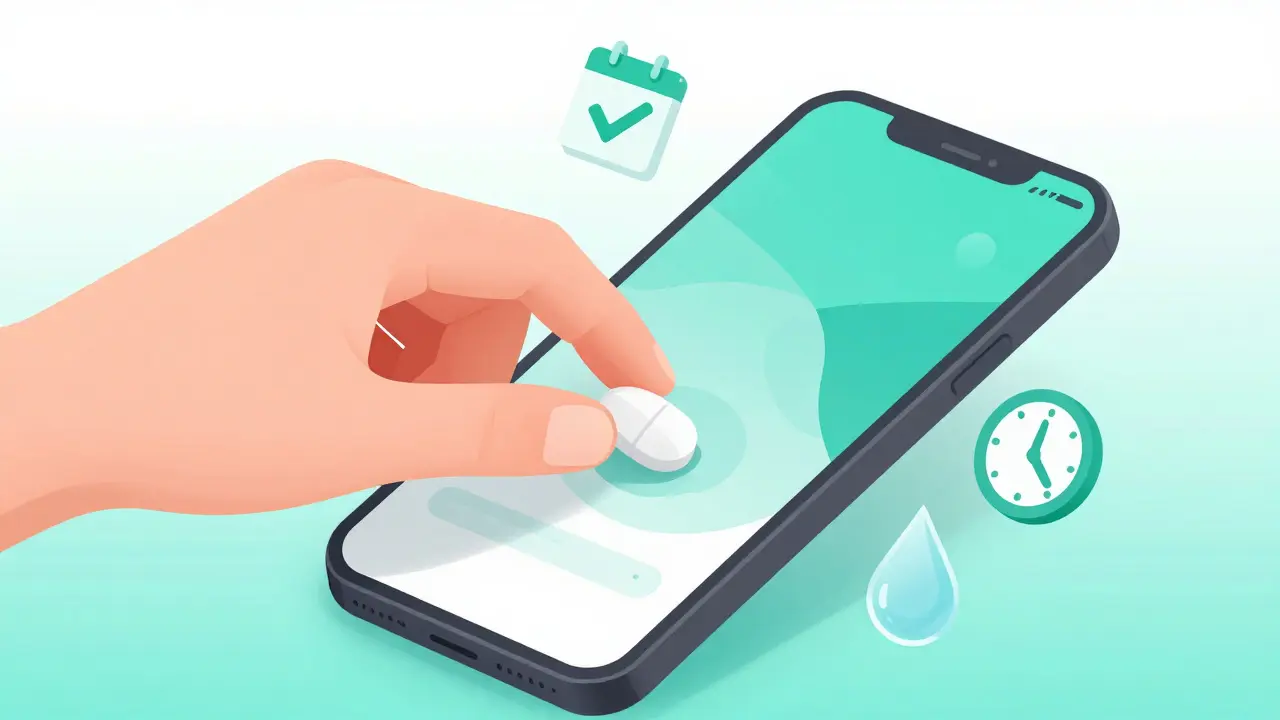 Hand putting a pill next to a smartphone app icon, surrounded by health habit symbols.
