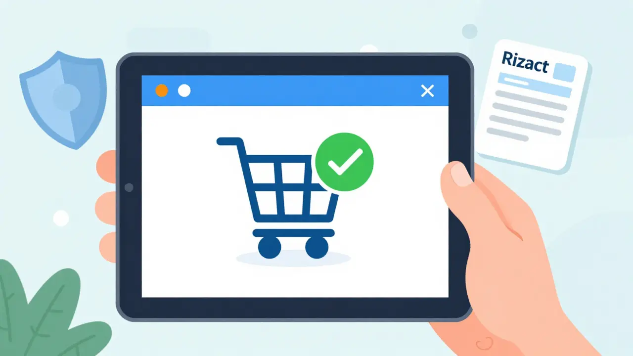 Happy character using tablet to buy verified Rizact medication safely