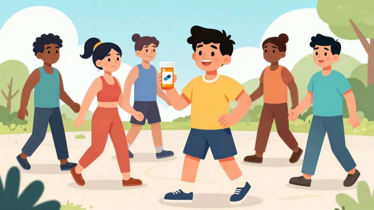Happy people exercising outdoors with medication bottle symbolizing treatment