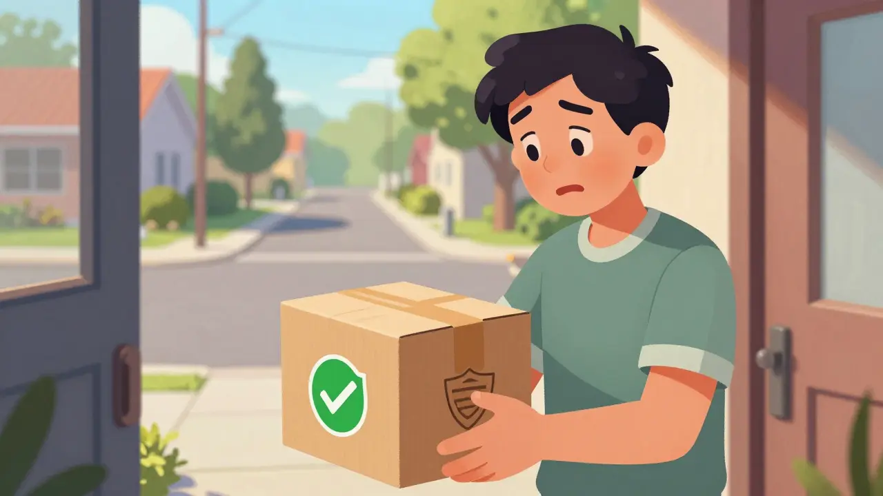 Happy person checking a safe, verified medication delivery package