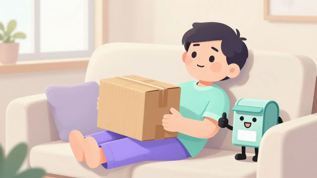 Happy person receiving a secure medication package at home