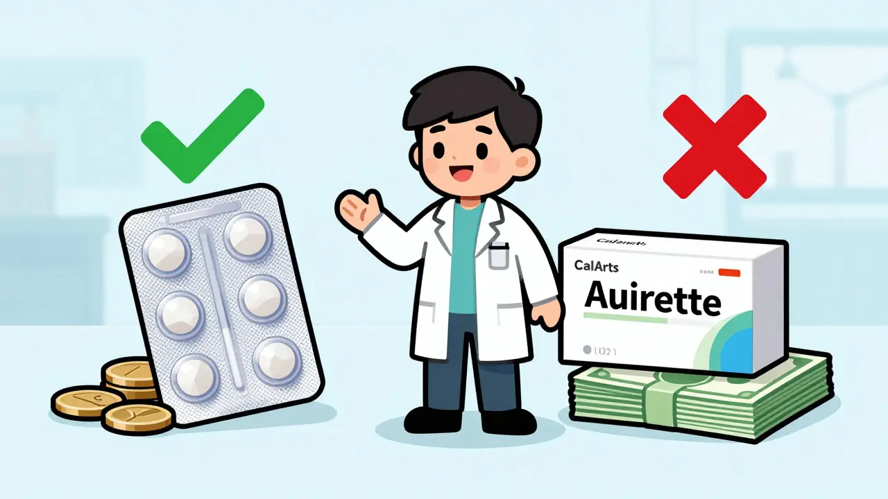 Illustration comparing cost savings of generic vs brand name pills