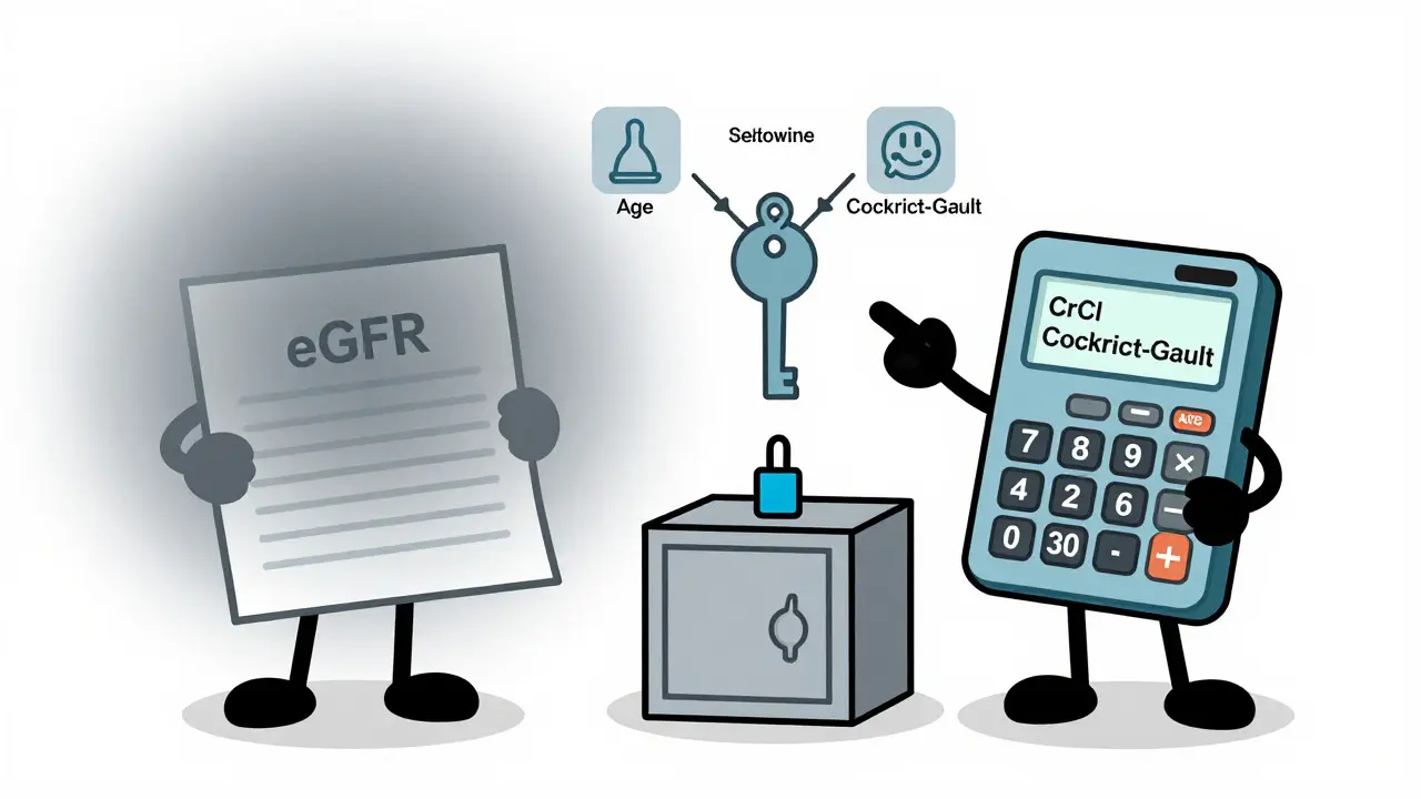 Illustration comparing eGFR confusion with accurate CrCl calculation method