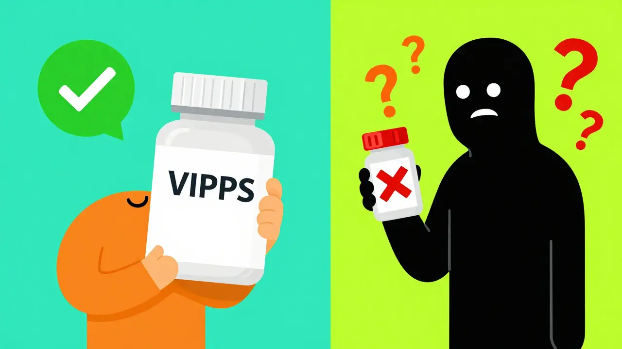 Illustration comparing safe verified pharmacies to risky fake ones