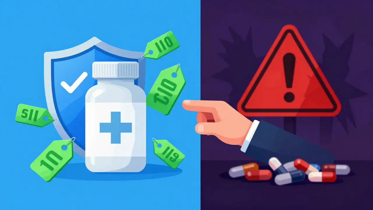 Illustration comparing safe verified pharmacy vs unsafe fake site
