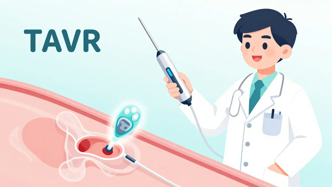 Illustration of a minimally invasive heart valve procedure