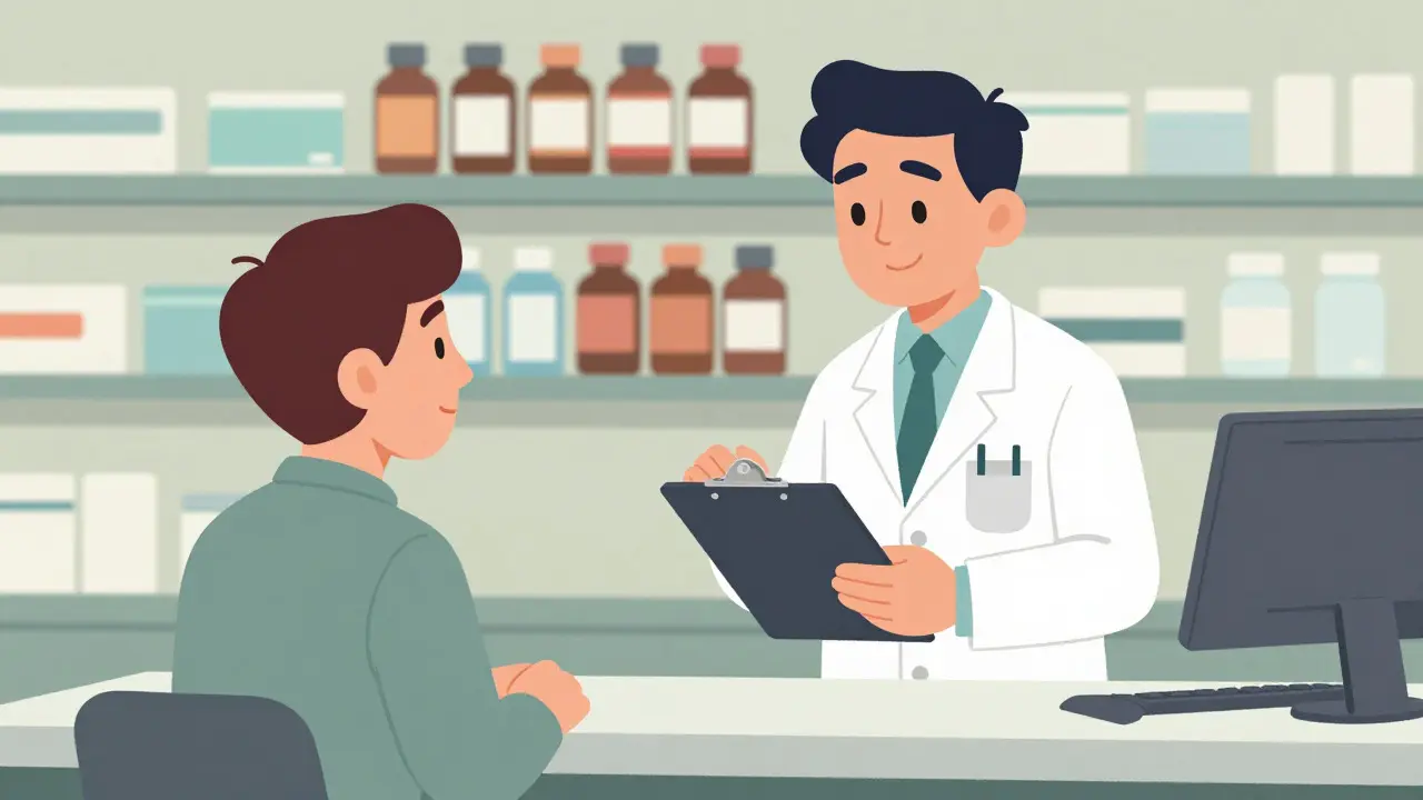 Illustration of a pharmacist reassuring a patient about medication