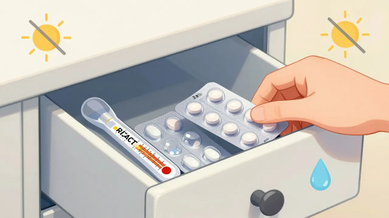 Illustration of storing Rizact pills in a cool, dark medicine cabinet