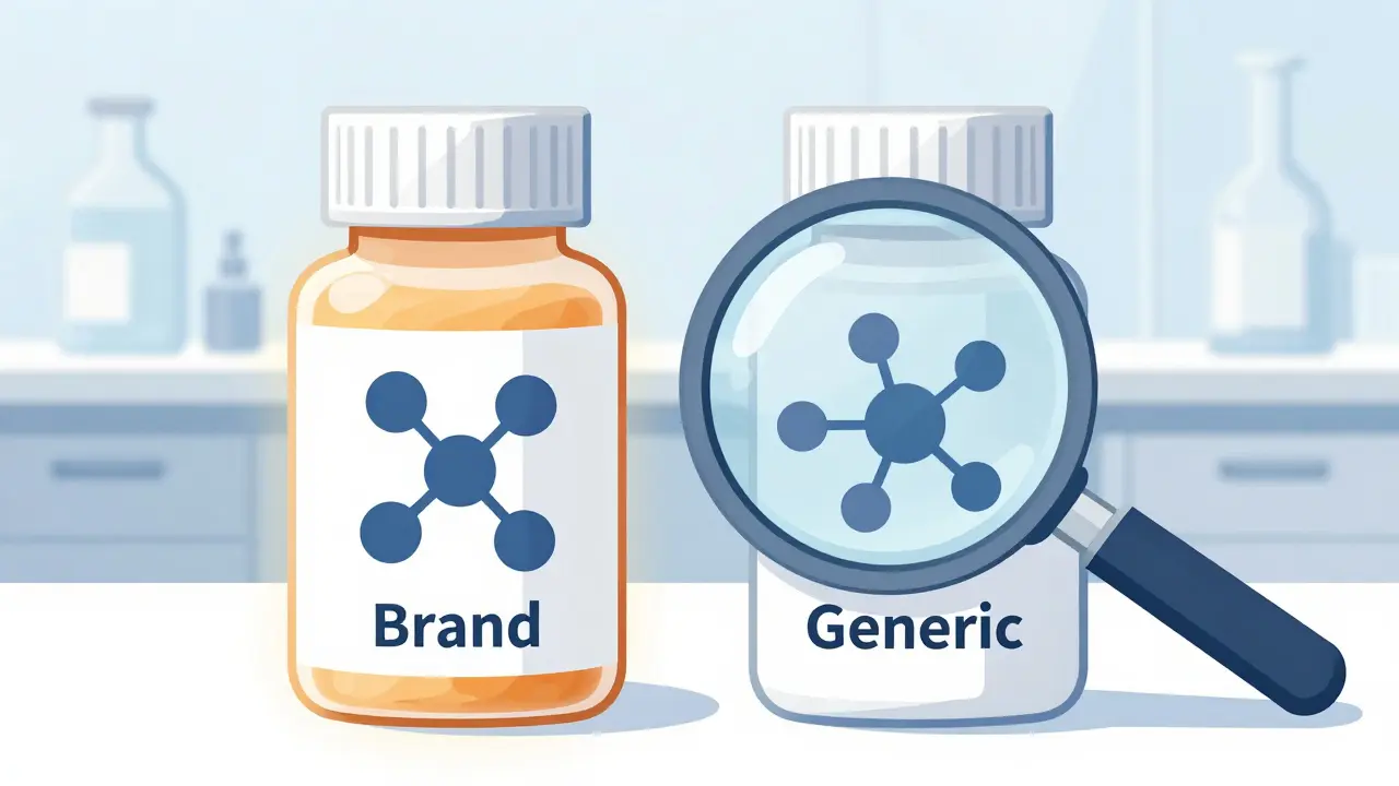 Magnifying glass shows brand and generic pills have same structure