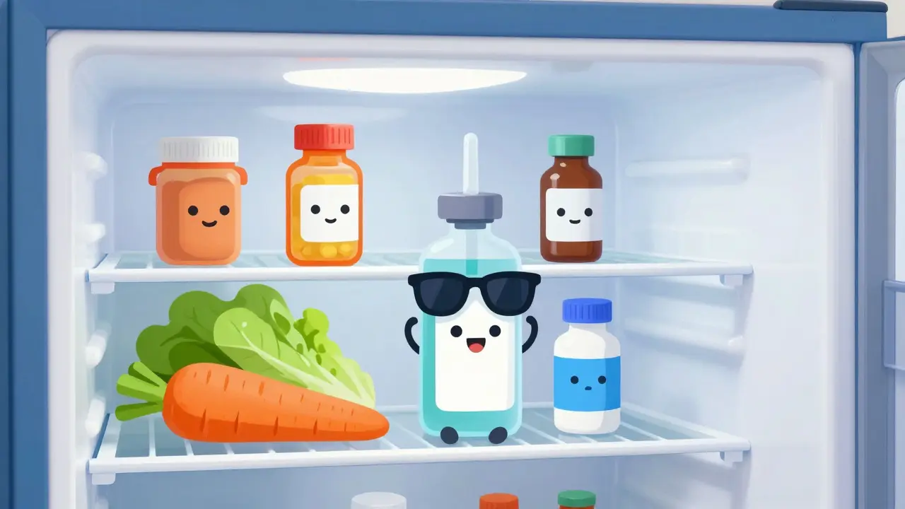 Medications stored correctly in a refrigerator