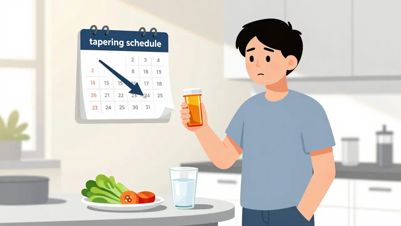 Person taking medication with food following a tapering schedule