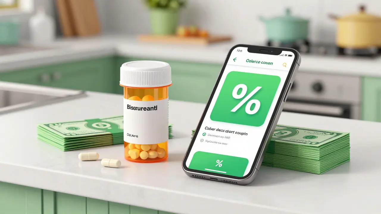 Pill bottle and smartphone showing discount coupons on a kitchen counter