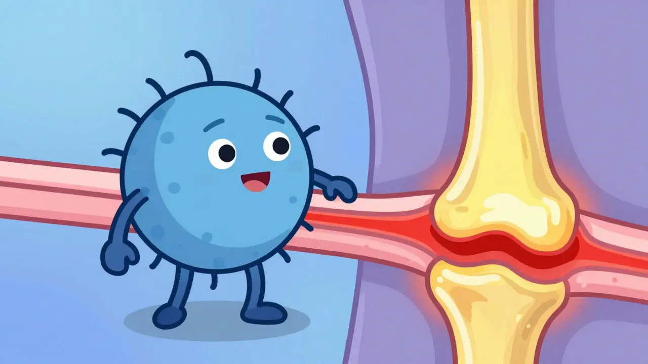 Stylized immune cell attacking inflamed joint lining in cartoon style