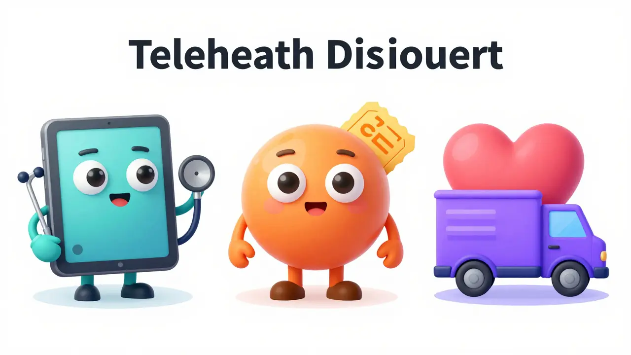 Three cartoon icons representing telehealth, coupons, and shipping