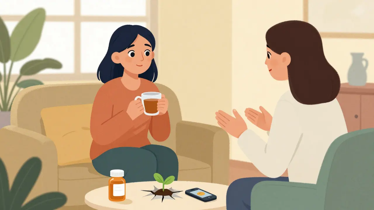 A mother in therapy with a counselor, surrounded by symbols of healing and support