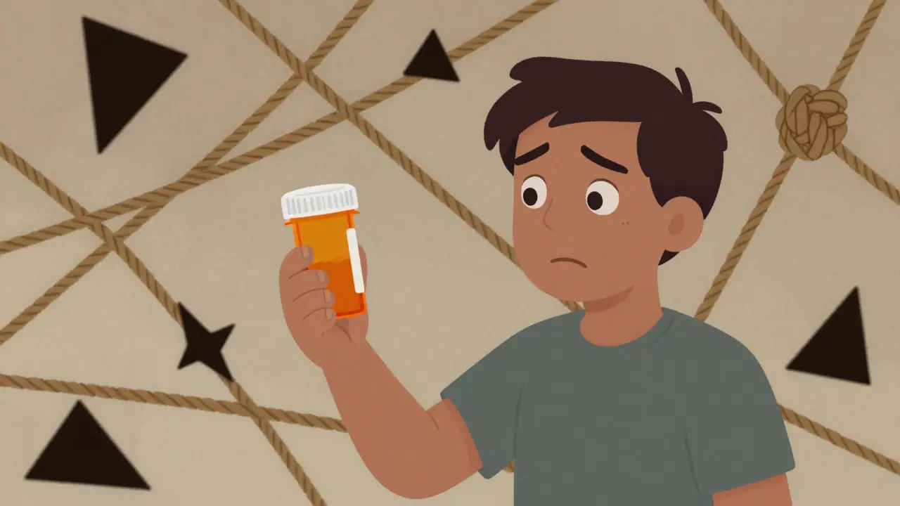 Cartoon of a worried patient holding a prescription bottle amidst a tangle of ropes