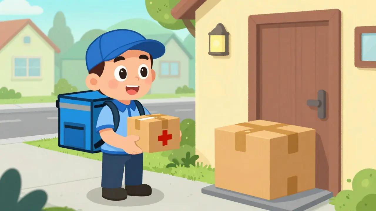 Cartoon showing medication delivery options: local pickup vs home shipping