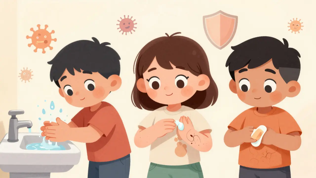 Characters practicing hand washing, moisturizing skin, and covering cuts to prevent bacterial infections.