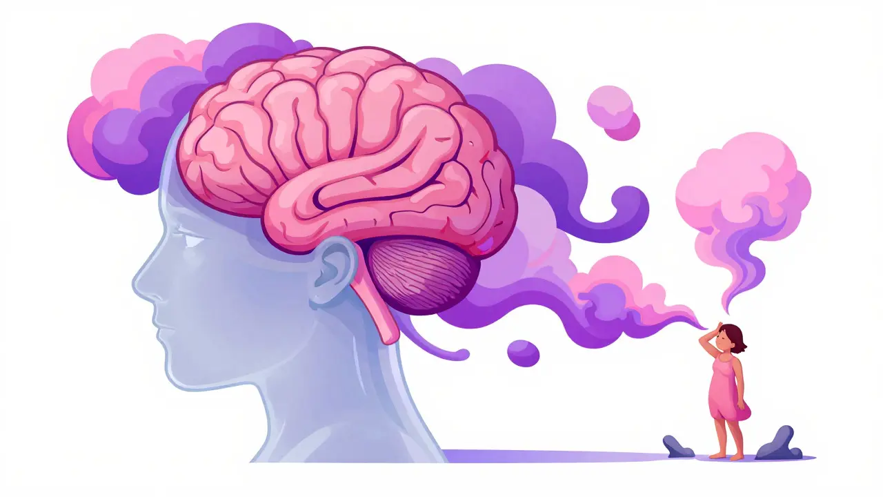 Conceptual art showing hormones draining from a brain, explaining hormonal changes