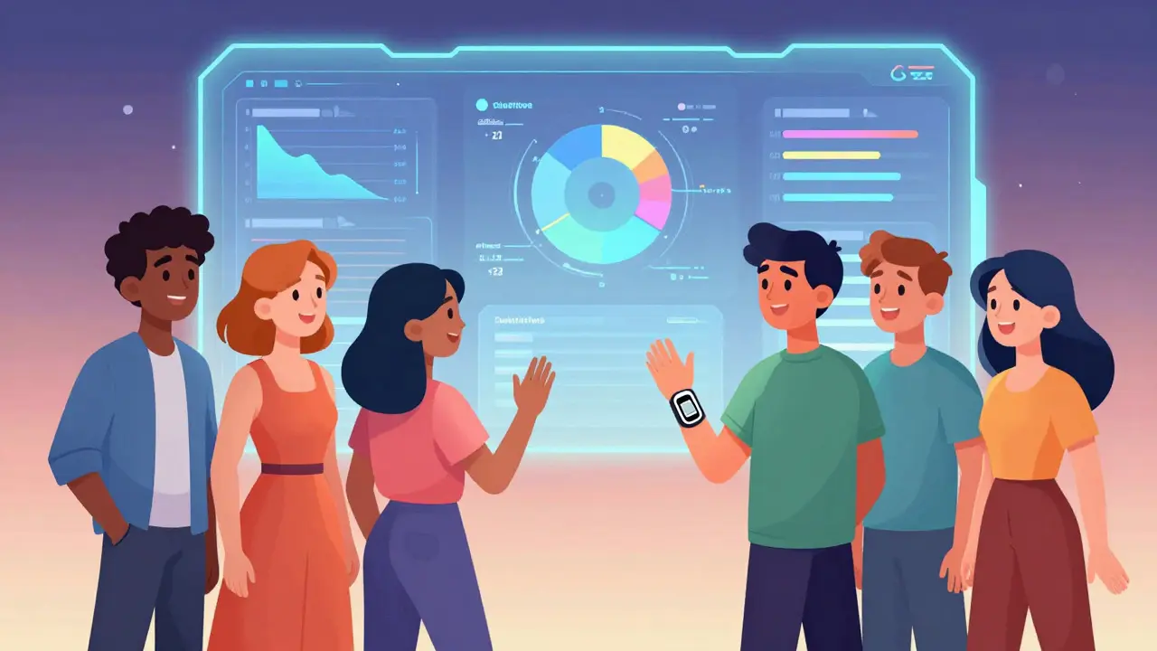 Friendly cartoon people using AI technology for personalized nutrition tracking