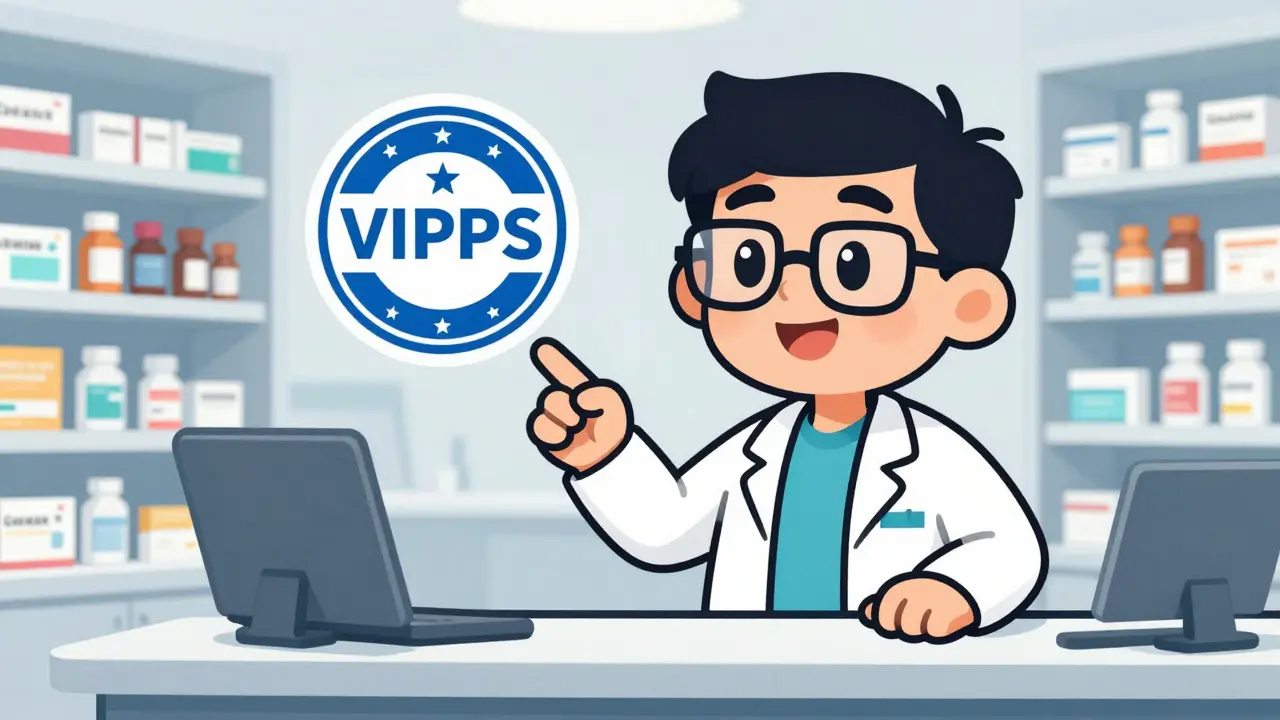Friendly pharmacist pointing to a VIPPS safety accreditation seal