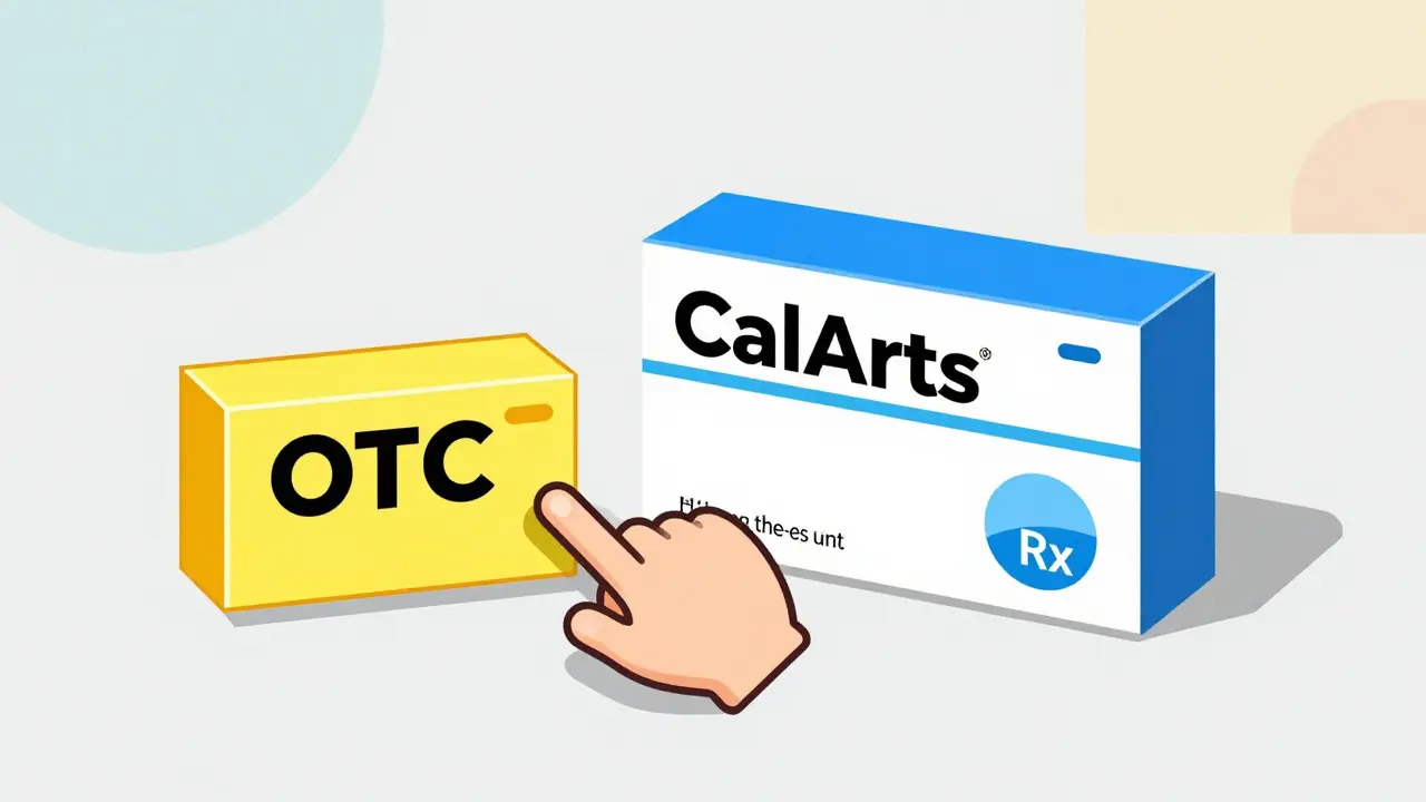 Illustration comparing an OTC medicine box with a prescription medicine box
