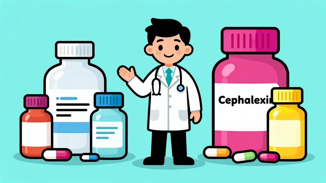 Illustration of a doctor showing topical ointments versus oral antibiotic pills for different infection depths.
