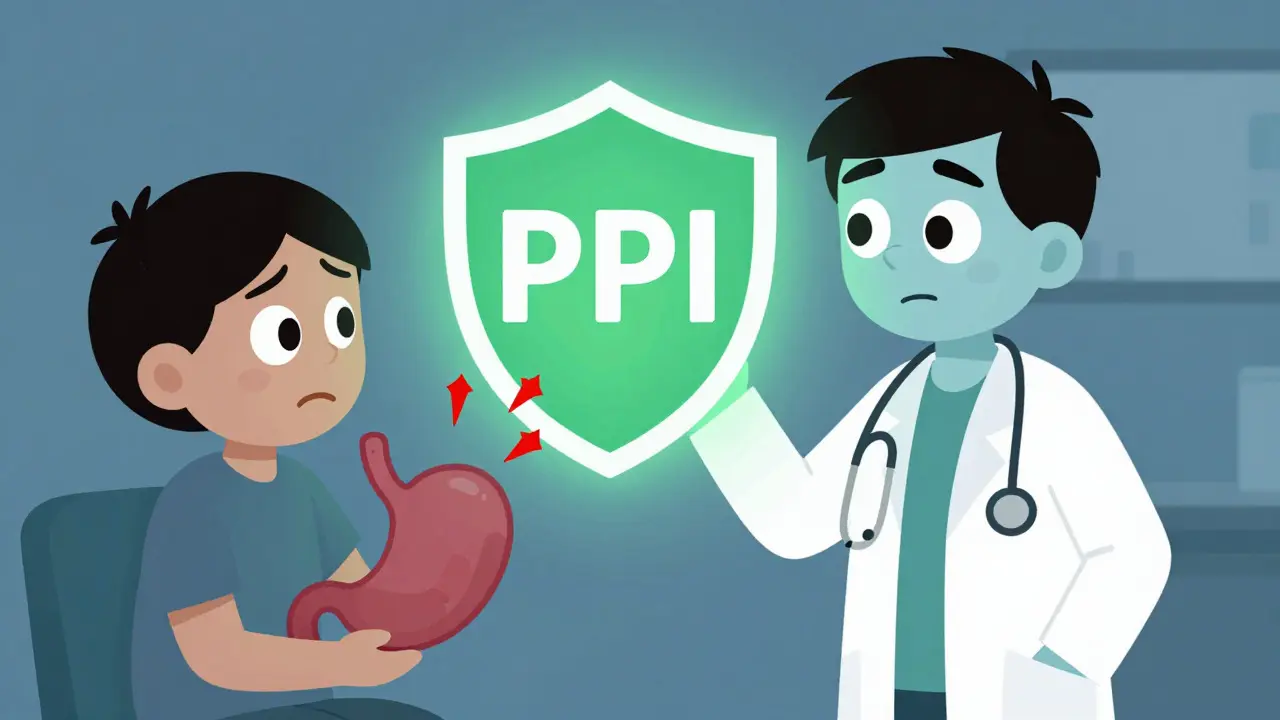Illustration of PPI shield protecting stomach from acid damage