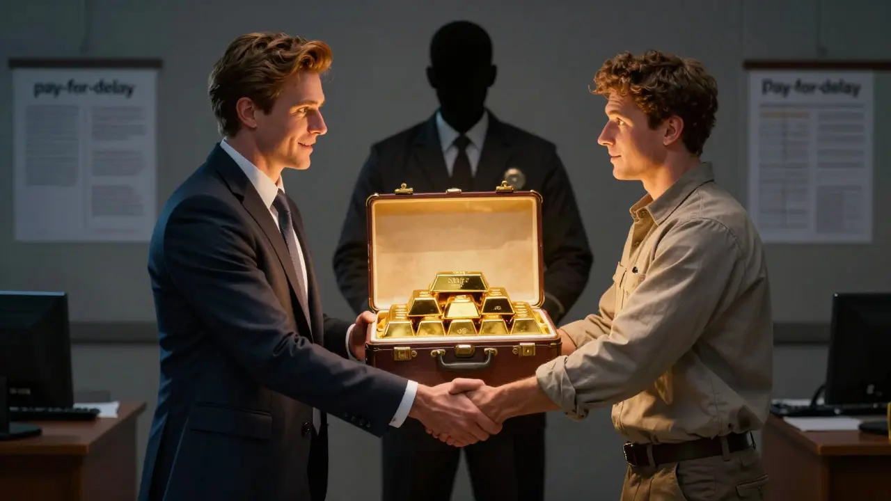 Illustration of two business figures exchanging a briefcase of gold behind a regulator's back