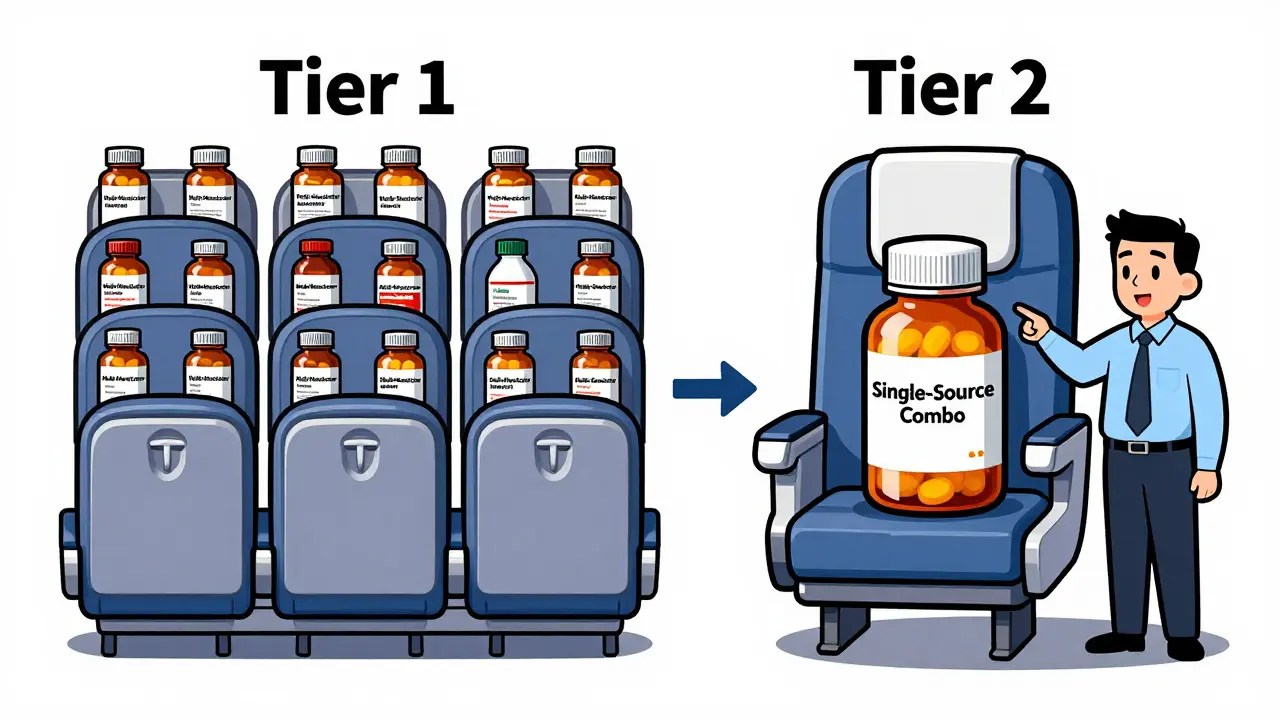 Insurance tiers illustrated as airplane seats for generic drugs