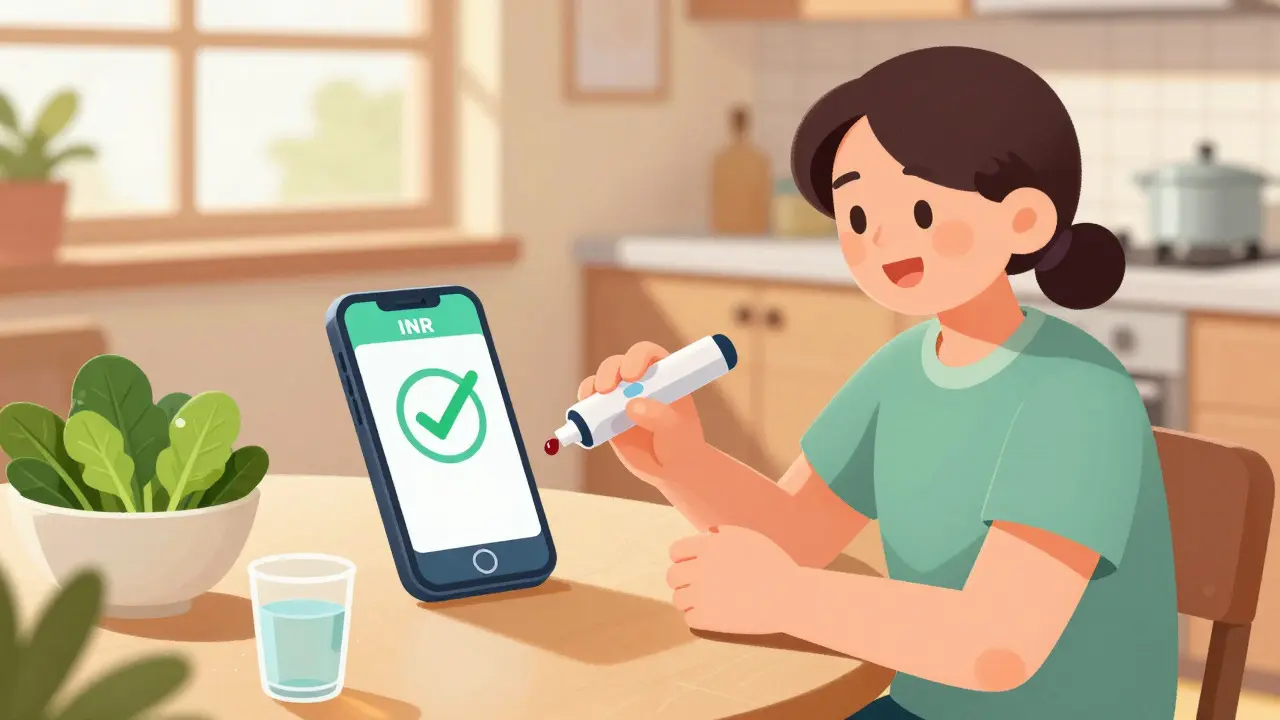 Patient using a home INR tester at a kitchen table with healthy food