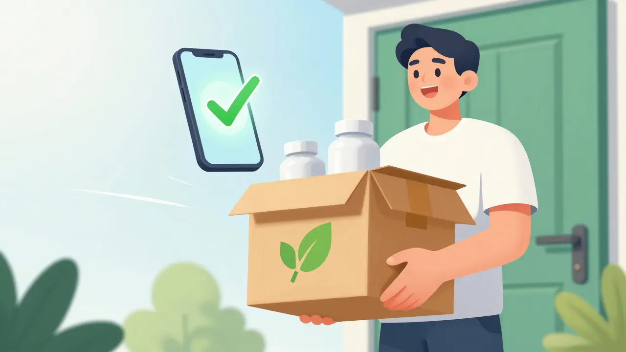 Person happily opening a delivered medicine package with a verified checkmark