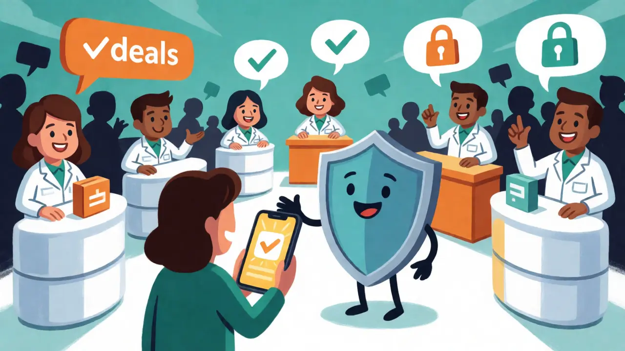 Personified online pharmacies and safety shields helping a patient find secure medication sources.