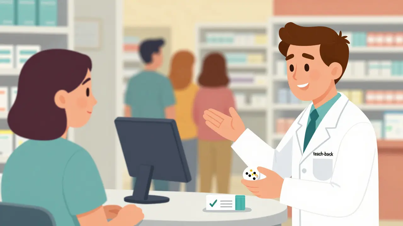 Pharmacist using teach-back method in busy pharmacy setting