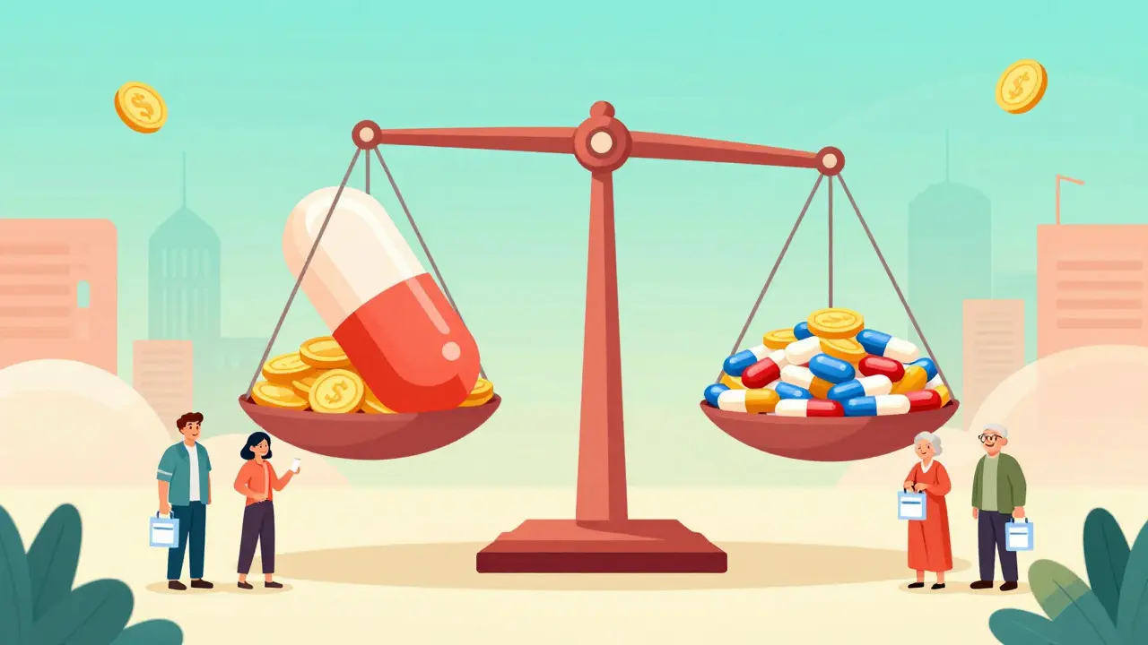 Scale comparing high brand costs to low generic prices for patients