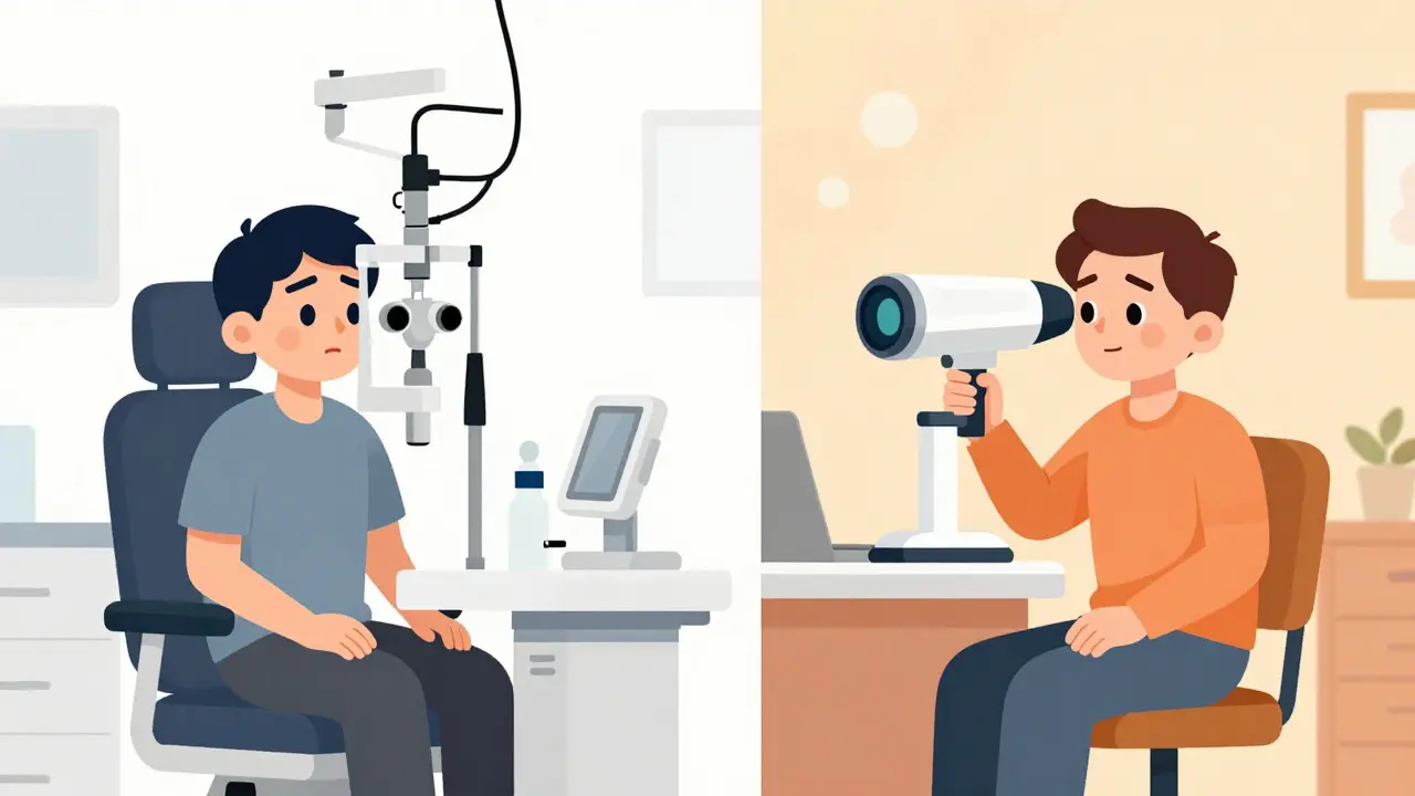 Split view comparing traditional eye exam anxiety with comfortable remote screening
