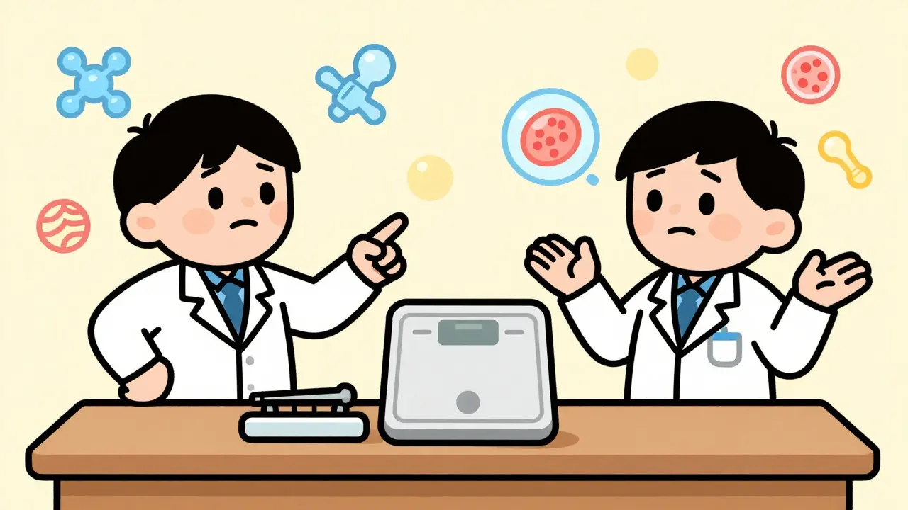 Stylized researchers debating weight loss outcomes with scales and calorie counters