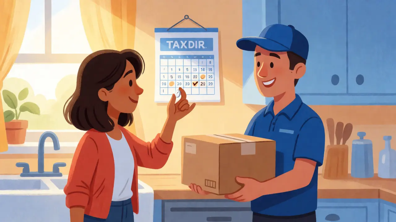 Woman happily receiving and inspecting her generic tamoxifen prescription at home.