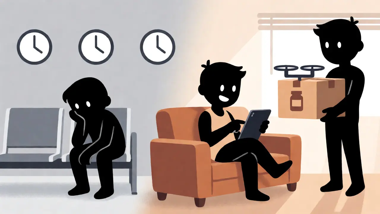 Comparison of slow clinic visits versus fast, comfortable telehealth prescriptions.