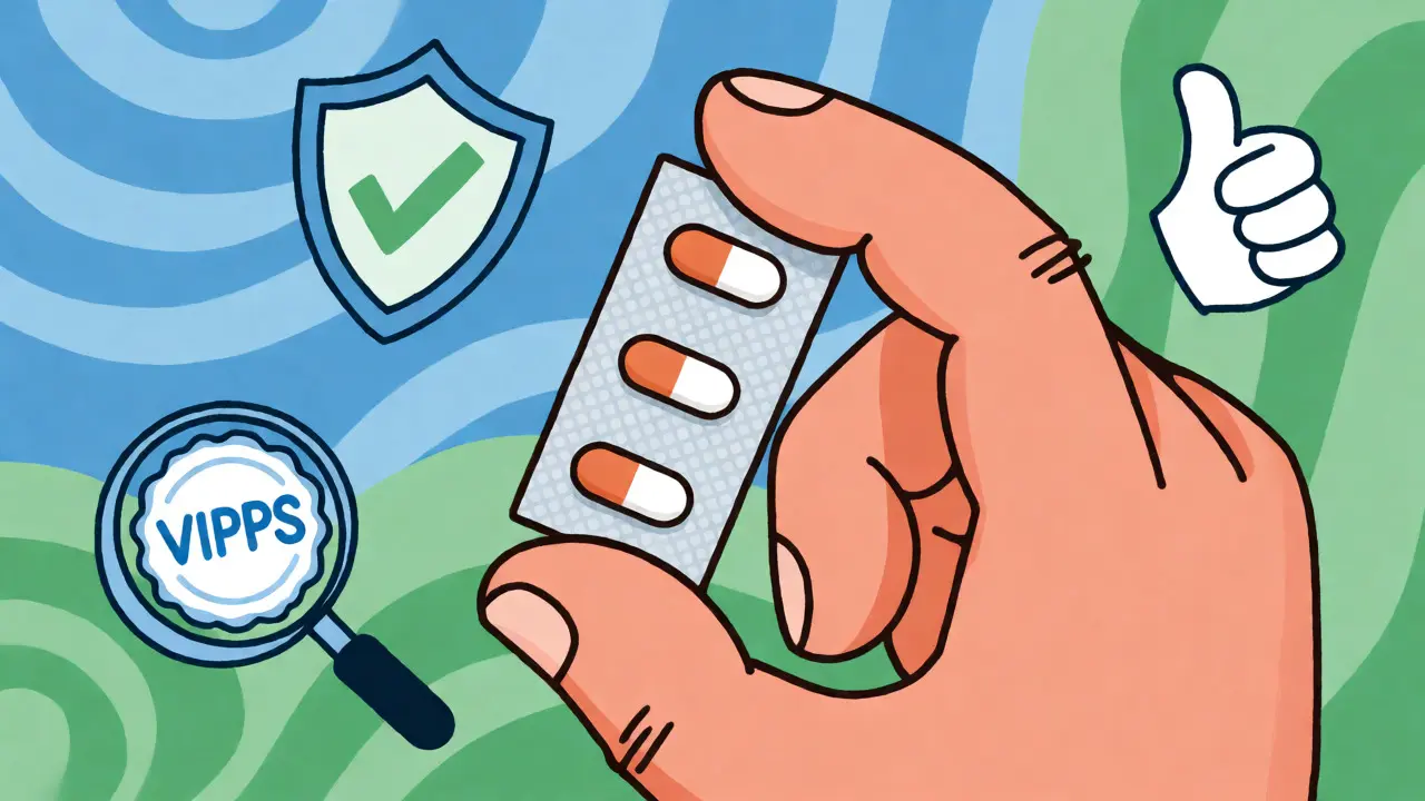 Hand holding generic antibiotic pills surrounded by safety verification icons.