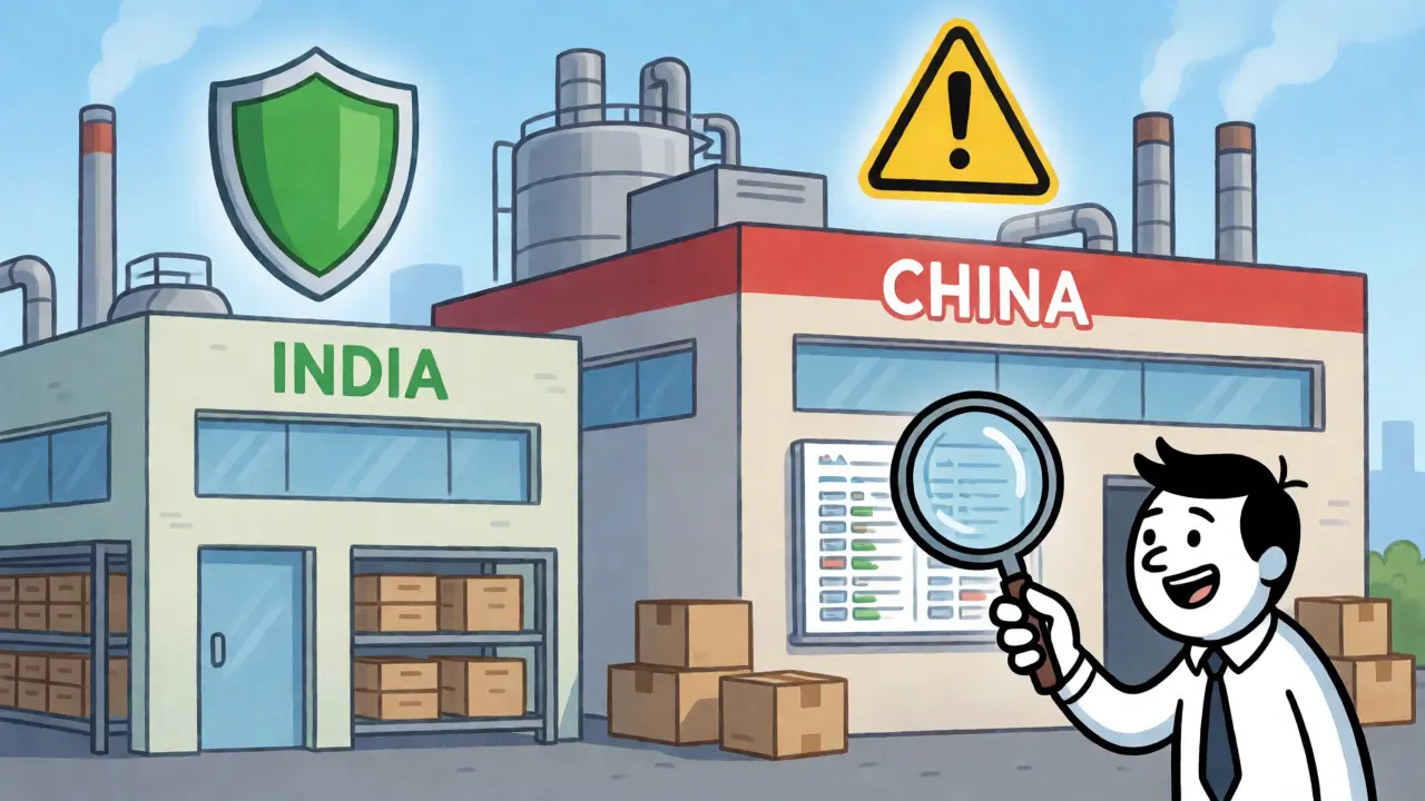 Illustration comparing FDA compliance levels between Indian and Chinese factories.